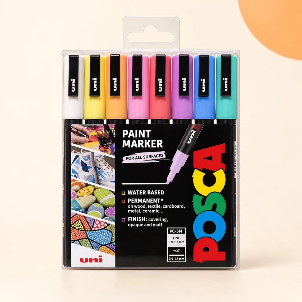 POSCA PC-3M Pastel Paint Pens (8 Colours) — styled product visualisation