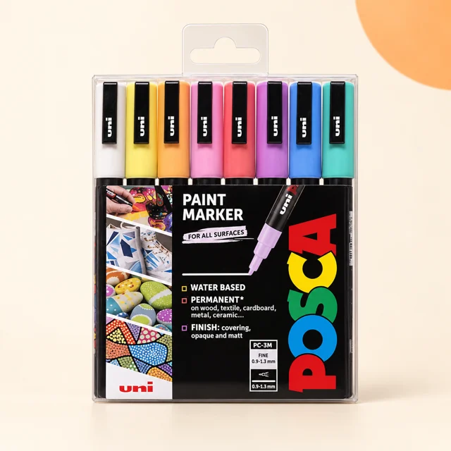 POSCA PC-3M Pastel Paint Pens (8 Colours) — styled product visualisation